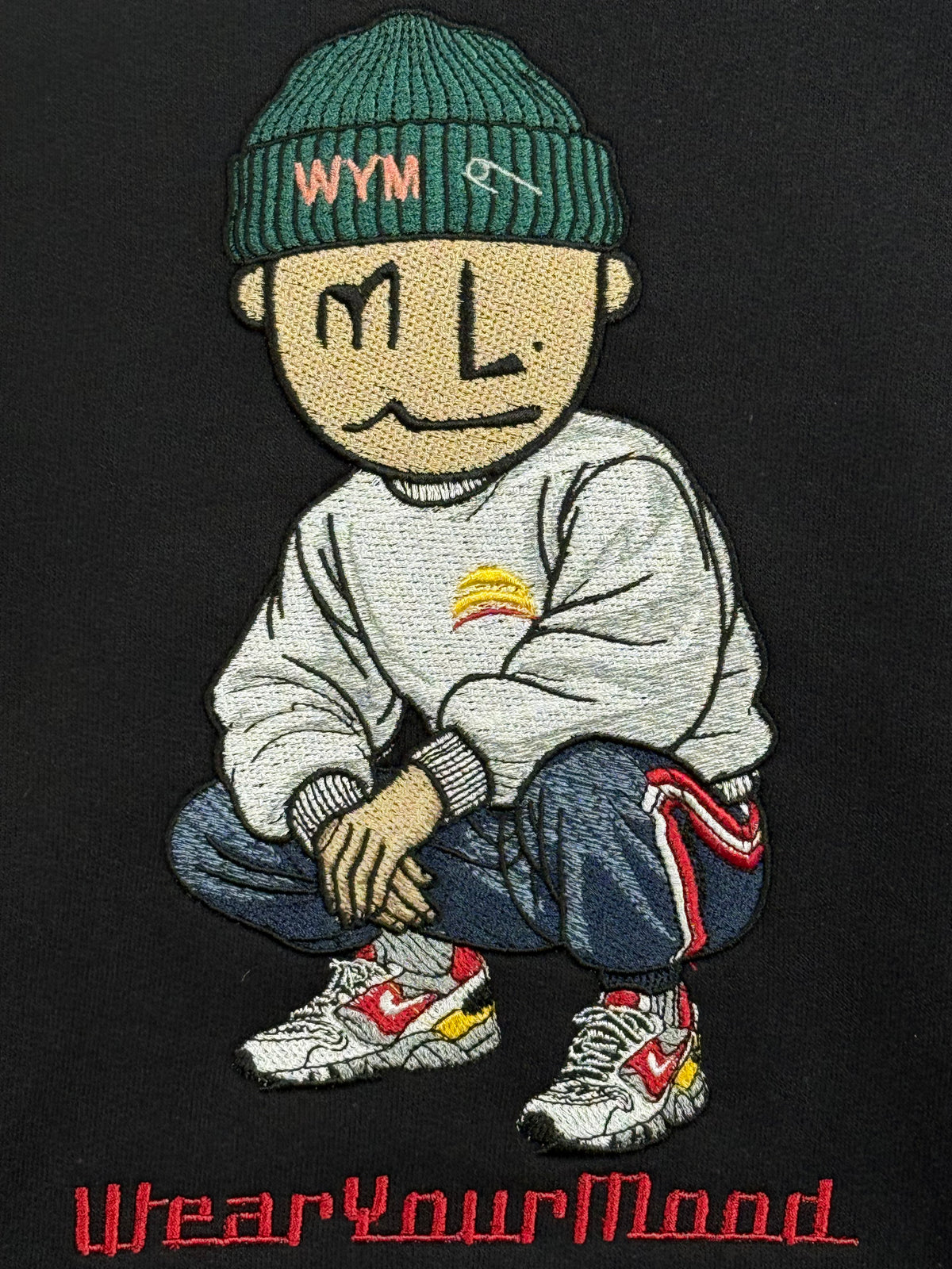 mPose. Embroidered Heavyweight Sweatshirt | MLABEL. Black embroidery detail
