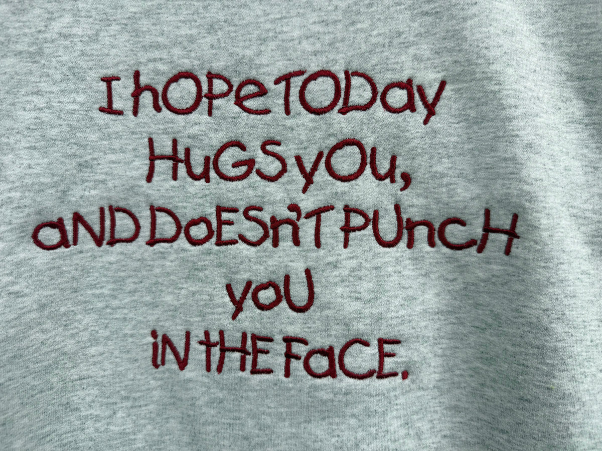 Hugs Embroidered Heavyweight Sweatshirt | MLABEL. Ash Gray embroidery detail