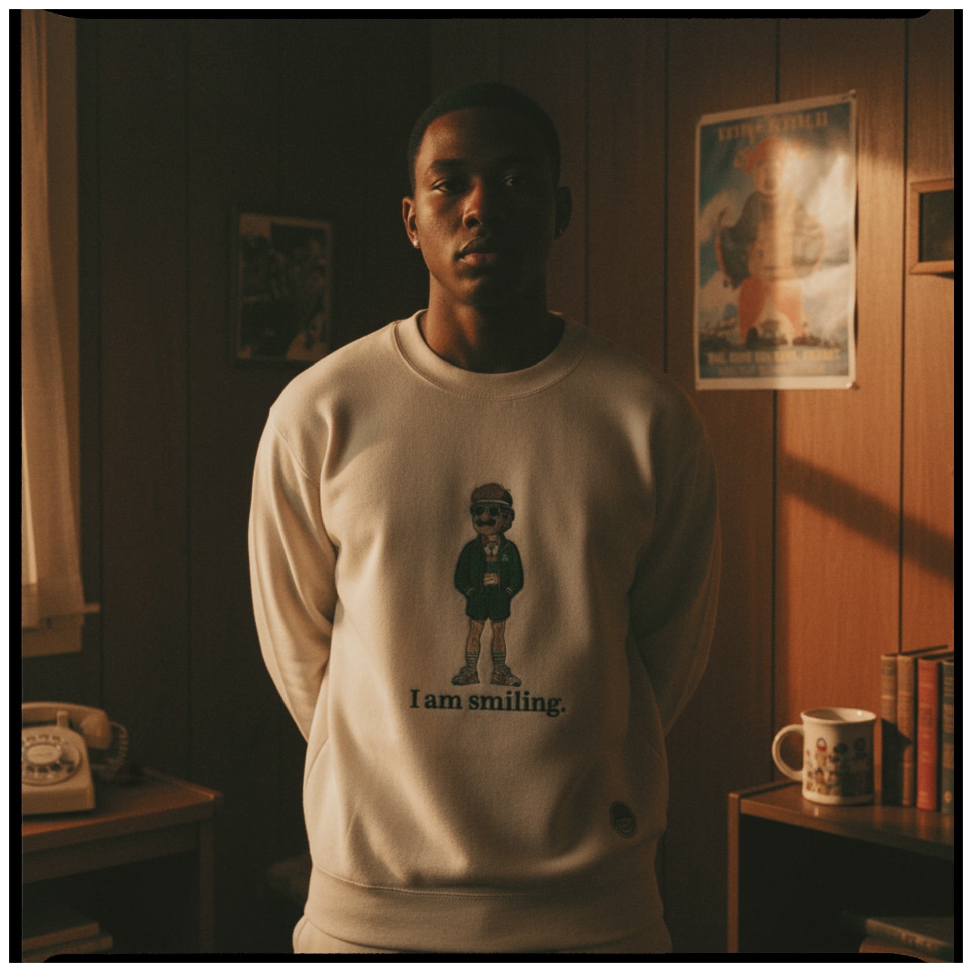Person wearing a cream grained sweatshirt with a graphic and text in a dimly lit room.