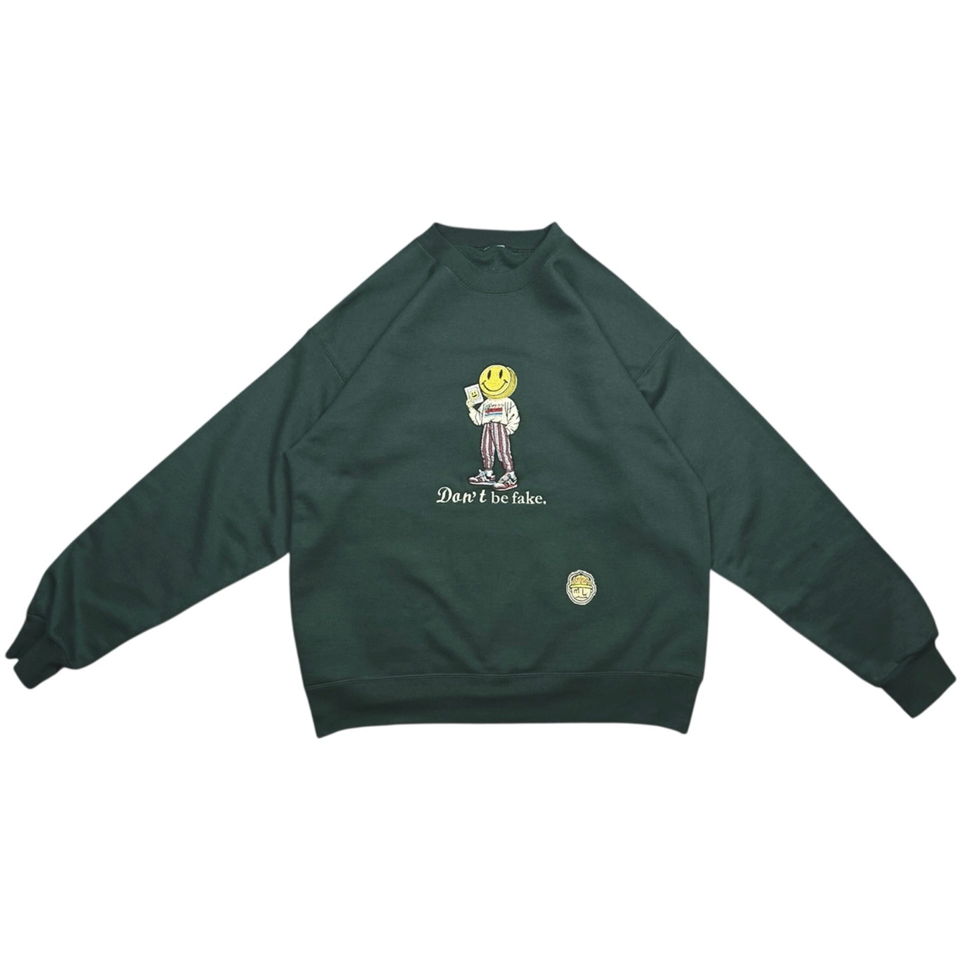 Green sweatshirt with a graphic design on a white background