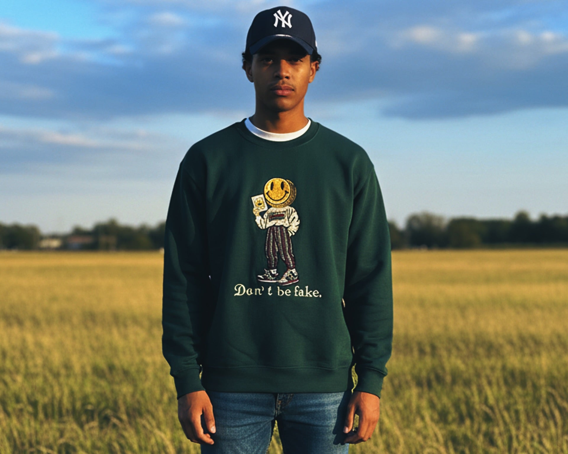 Person wearing a green sweatshirt with a graphic design and text, standing in a field.