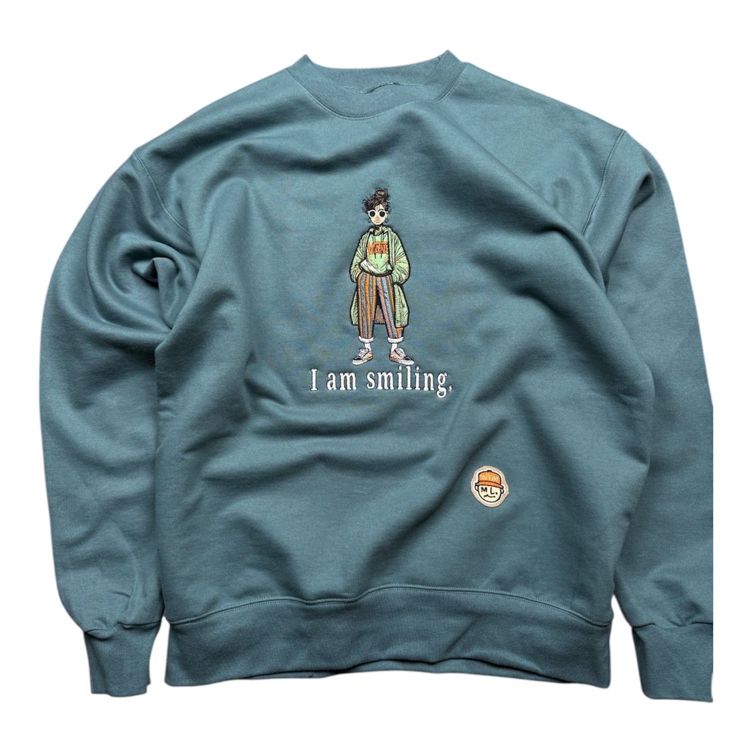 Cactus green sweatshirt with a graphic of a person and 'I am smiling' text on a white background