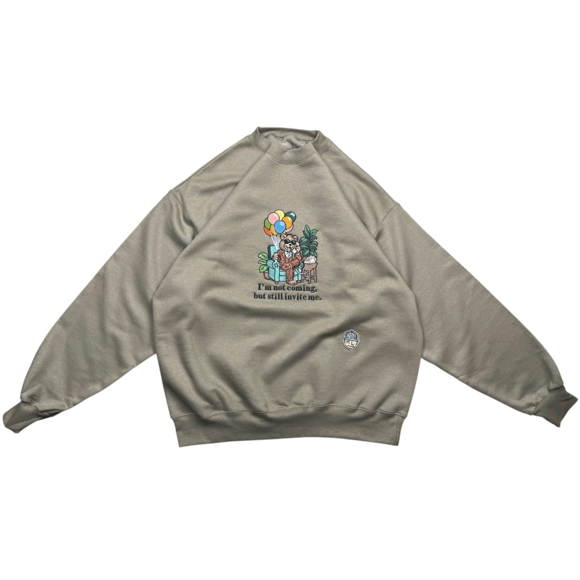 Olive Green sweatshirt with a graphic design on a white background